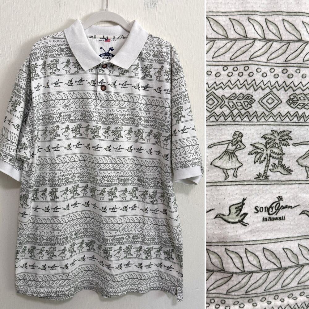 Vintage The Skins Game Mens Hawaiian Golf Polo L Sony Open Hawaii Hula Girl USA